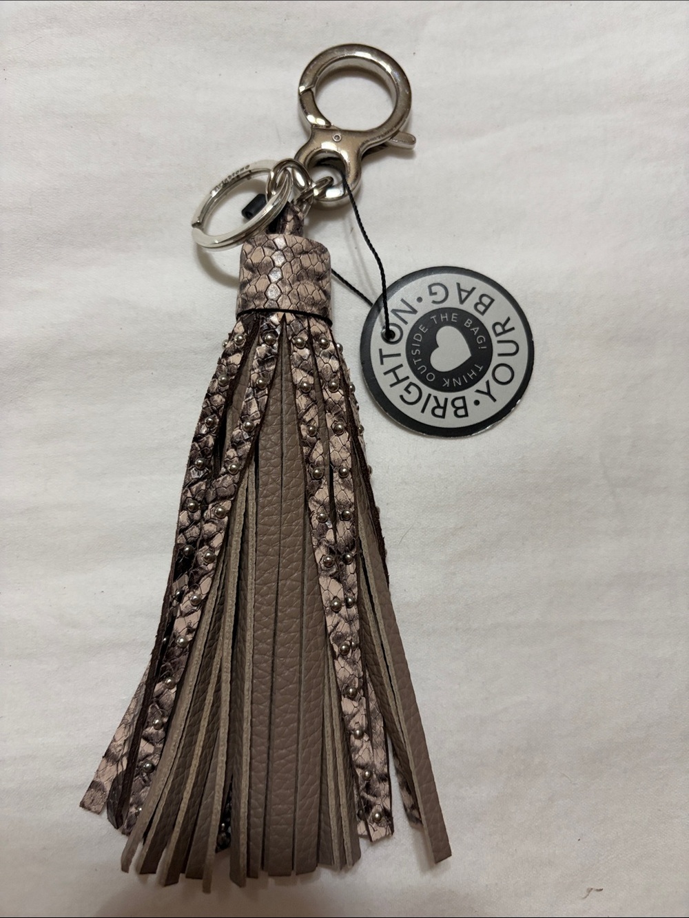 Brighton Taupe and Metallic Leather Tassel Keychain